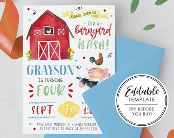 Watercolor Farm Birthday Invitation, Printable - EDITABLE TEMPLATE