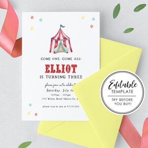 Watercolor Circus Birthday Invitation - EDITABLE TEMPLATE