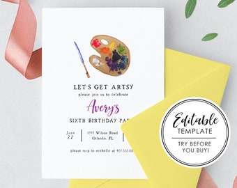 Watercolor Art Birthday Invitation, Paint Party, Let's Get Artsy - EDITABLE TEMPLATE - Instant Download