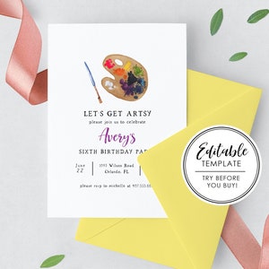 Watercolor Art Birthday Invitation, Paint Party, Let's Get Artsy - EDITABLE TEMPLATE - Instant Download