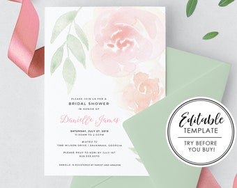 Printable Pink Watercolor Floral Bridal Shower Invitation - EDITABLE TEMPLATE