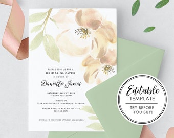 Printable Watercolor Floral Bridal Shower Invitation - EDITABLE TEMPLATE