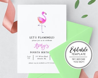 Let's Flamingle! Watercolor Flamingo Birthday Invitation - EDITABLE TEMPLATE