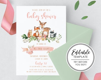 Woodland Forest Animals Baby Shower Invitation - EDITABLE TEMPLATE - Instant Download