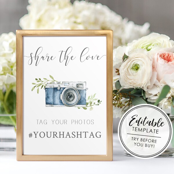Social Media Hashtag Sign, Printable Wedding Sign, Blue Camera - Editable Template