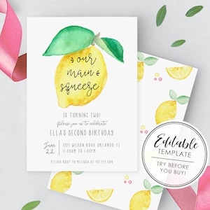 Main Squeeze Watercolor Lemon Birthday Invitation - EDITABLE TEMPLATE
