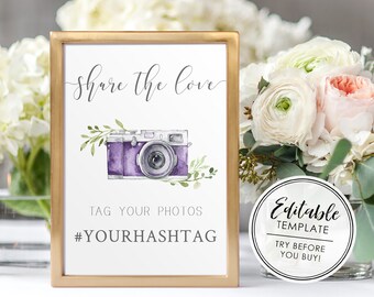 Social Media Hashtag Sign, Printable Wedding Sign, Lavender - Editable Template