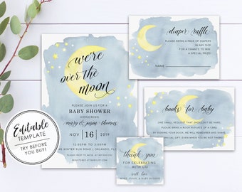 Watercolor "Over the Moon" Baby Shower Invitation SET - EDITABLE TEMPLATE - Instant Download