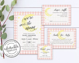 Watercolor "Over the Moon" Pink Gingham Baby Shower Invitation SET - EDITABLE TEMPLATE - Instant Download