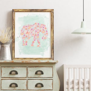 Elefante de acuarela con flores rosas, arte imprimible para guardería - Imprimible