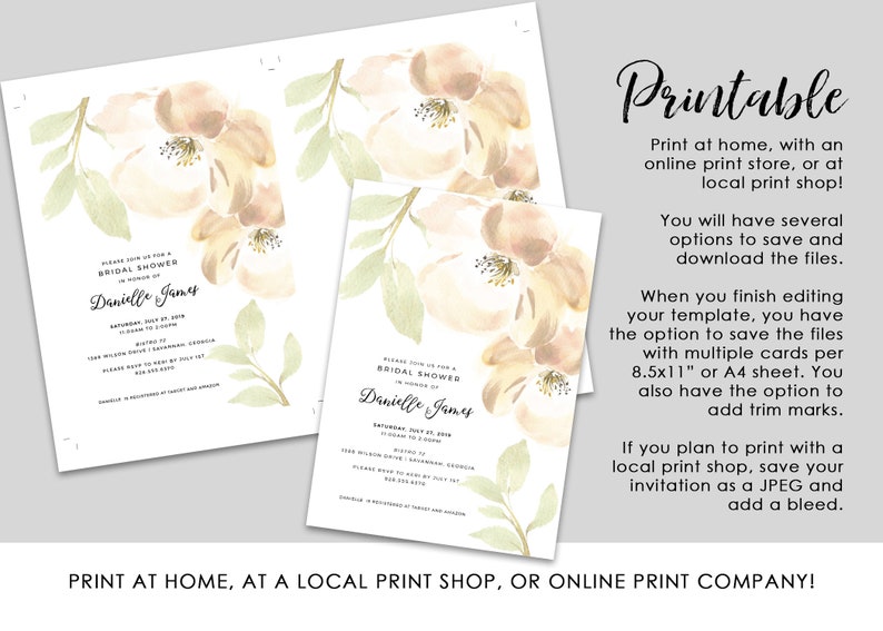 Printable Watercolor Floral Bridal Shower Invitation EDITABLE TEMPLATE