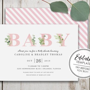 Boho Greenery Baby Shower Invitation - EDITABLE TEMPLATE - Instant Download