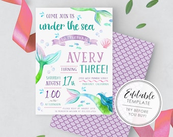 Watercolor Mermaid Third Birthday Invitation - EDITABLE TEMPLATE