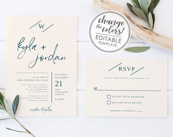 Minimalist Monogram Modern Wedding Invitation Set - EDITABLE TEMPLATE