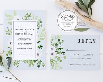 Botanical Watercolor Wedding Invitation Set - EDITABLE TEMPLATE