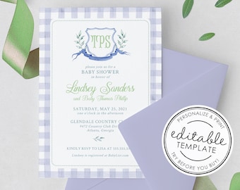 Gingham Crest Monogram Watercolor Baby Shower Invitation, Printable - EDITABLE TEMPLATE