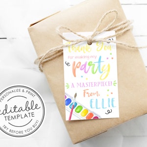 Printable Art Party Watercolor Birthday Favor Gift Tag - EDITABLE TEMPLATE