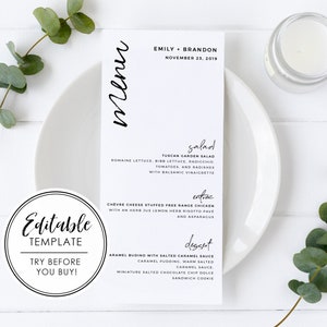 Modern Calligraphy Wedding Menu - EDITABLE TEMPLATE - Instant Download