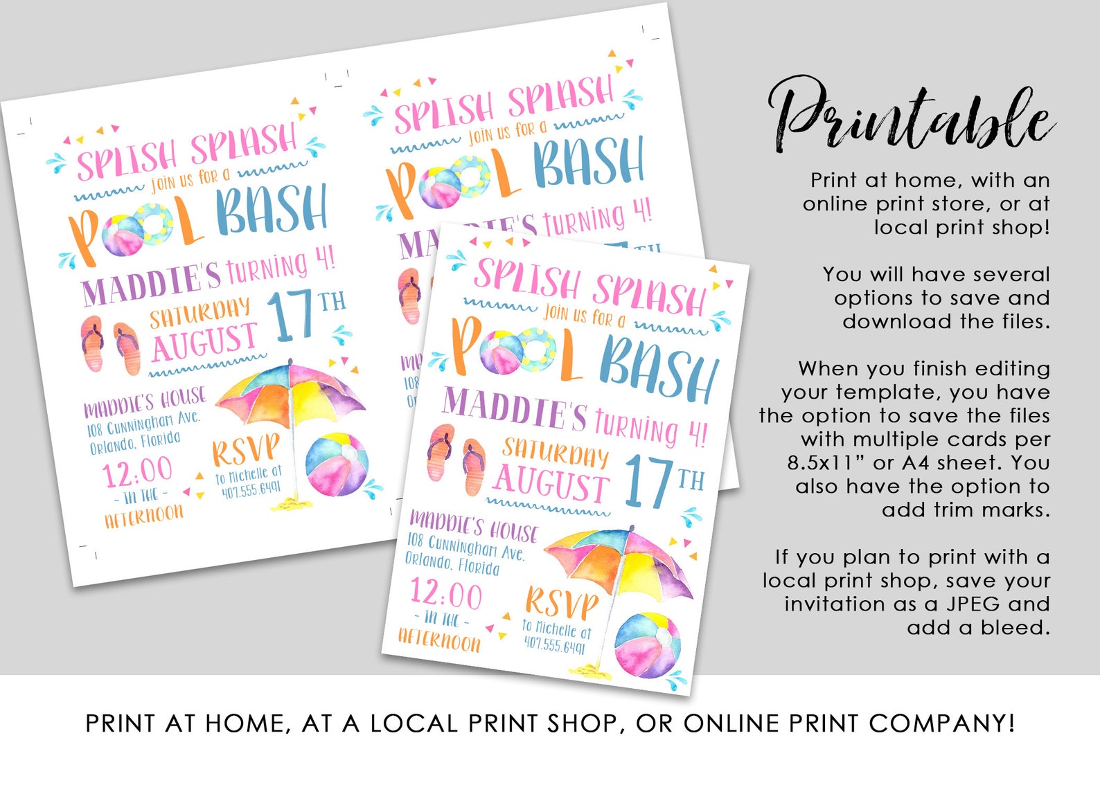 Printable Watercolor Pool Party Birthday Invitation EDITABLE | Etsy