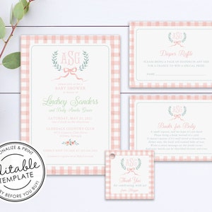 Conjunto de invitación para baby shower con monograma de acuarela en color rosa - PLANTILLA EDITABLE - Descarga instantánea
