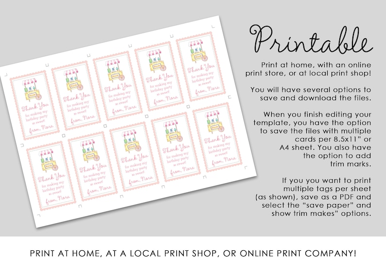 Ice Cream Cart Printable Favor Tag Pink EDITABLE TEMPLATE | Etsy