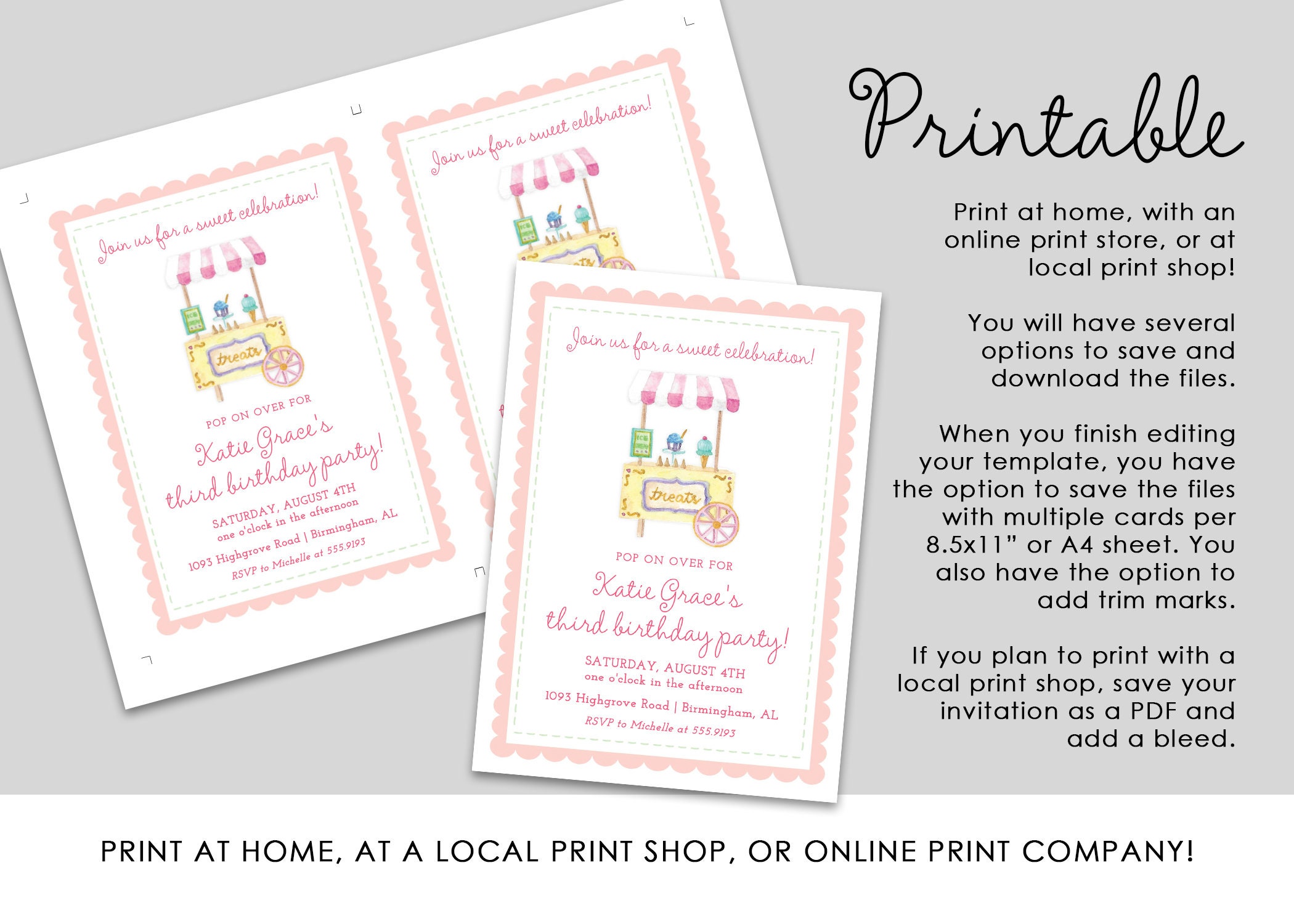 Watercolor Ice Cream Cart Birthday Invitation Pink Gingham Etsy