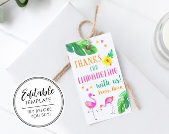 Printable Flamingo Birthday Favor Gift Tag EDITABLE TEMPLATE | Etsy
