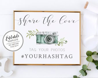 Social Media Hashtag Sign, Printable Wedding Sign, Sage Camera - Editable Template