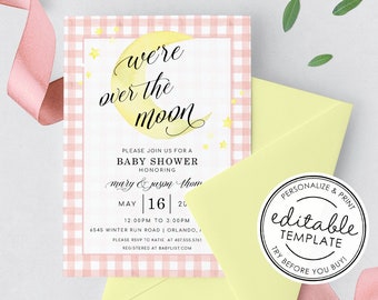 Watercolor "Over the Moon" Pink Gingham Baby Shower Invitation - EDITABLE TEMPLATE - Instant Download