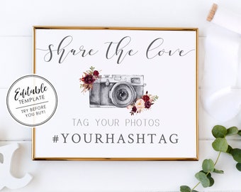 Social Media Hashtag Sign, Printable Wedding Sign - Editable Template