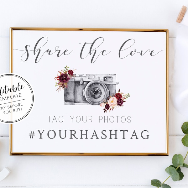 Social Media Hashtag Sign, Printable Wedding Sign - Editable Template