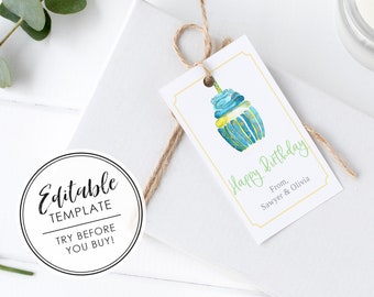 Watercolor Cupcake Birthday Printable Gift Tag - EDITABLE TEMPLATE