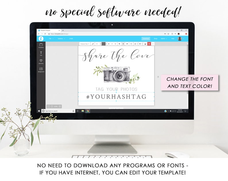 Social Media Hashtag Sign, Printable Wedding Sign, Blue Camera Editable Template image 5