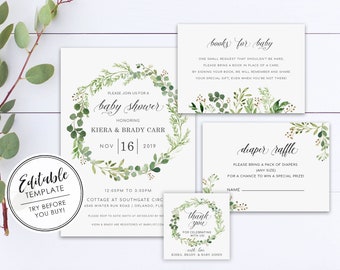 Boho Greenery Baby Shower Invitation SET with Blue Stripes - EDITABLE TEMPLATE - Instant Download