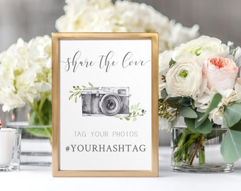 Social Media Hashtag Sign, Printable Wedding Sign, Sage Camera - Editable Template