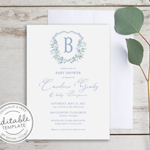 Invitación para baby shower con monograma de acuarela y cuadros vichy, imprimible - PLANTILLA EDITABLE