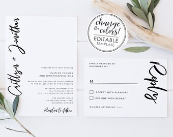 Simple Calligraphy Modern Wedding Invitation Set - EDITABLE TEMPLATE