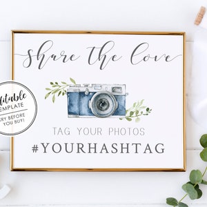 Social Media Hashtag Sign, Printable Wedding Sign, Blue Camera Editable Template image 2