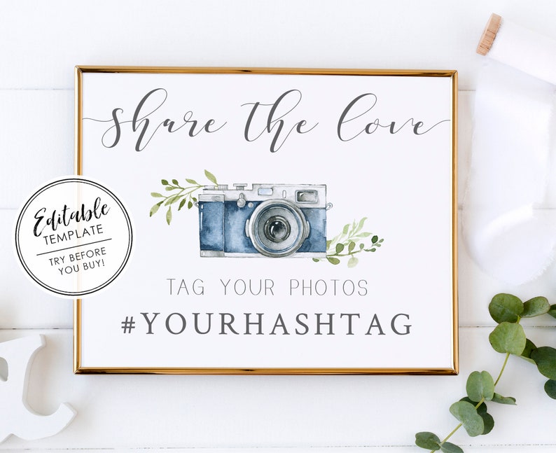 Social Media Hashtag Sign, Printable Wedding Sign, Blue Camera Editable Template image 2