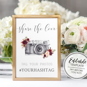 Social Media Hashtag Sign, Printable Wedding Sign - Editable Template ...