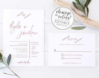 Minimalist Monogram Modern Wedding Invitation Set - EDITABLE TEMPLATE