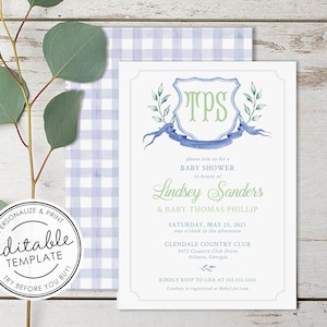 Invitación para baby shower con monograma de acuarela y cuadros vichy, imprimible - PLANTILLA EDITABLE
