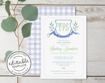 Watercolor Crest Monogram Gingham Baby Shower Invitation, Printable - EDITABLE TEMPLATE