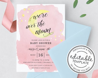 Watercolor "Over the Moon" Pink Baby Shower Invitation - EDITABLE TEMPLATE - Instant Download