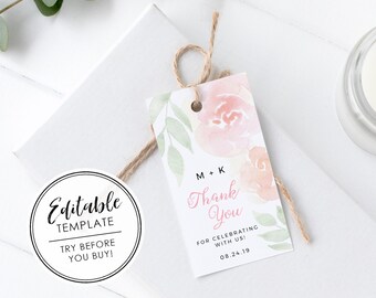 Watercolor Floral Bridal / Baby Shower Printable Favor Tag - EDITABLE TEMPLATE