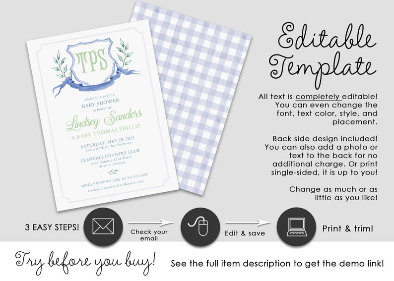 Watercolor Monogram Crest Baby Shower Invitation SET EDITABLE TEMPLATE Instant Download image 3