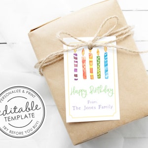 Watercolor Birthday Candles Birthday Printable Gift Tag - EDITABLE TEMPLATE