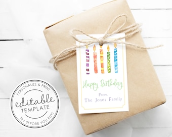 Watercolor Birthday Candles Birthday Printable Gift Tag - EDITABLE TEMPLATE