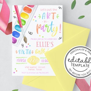 Put the Art in Party, Art Party Watercolor Birthday Invitation, Printable - EDITABLE TEMPLATE