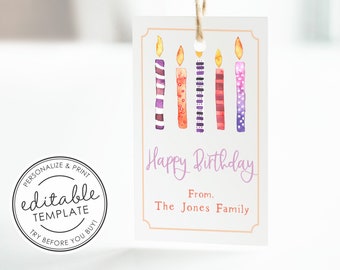 Watercolor Birthday Candles Birthday Printable Gift Tag - EDITABLE TEMPLATE